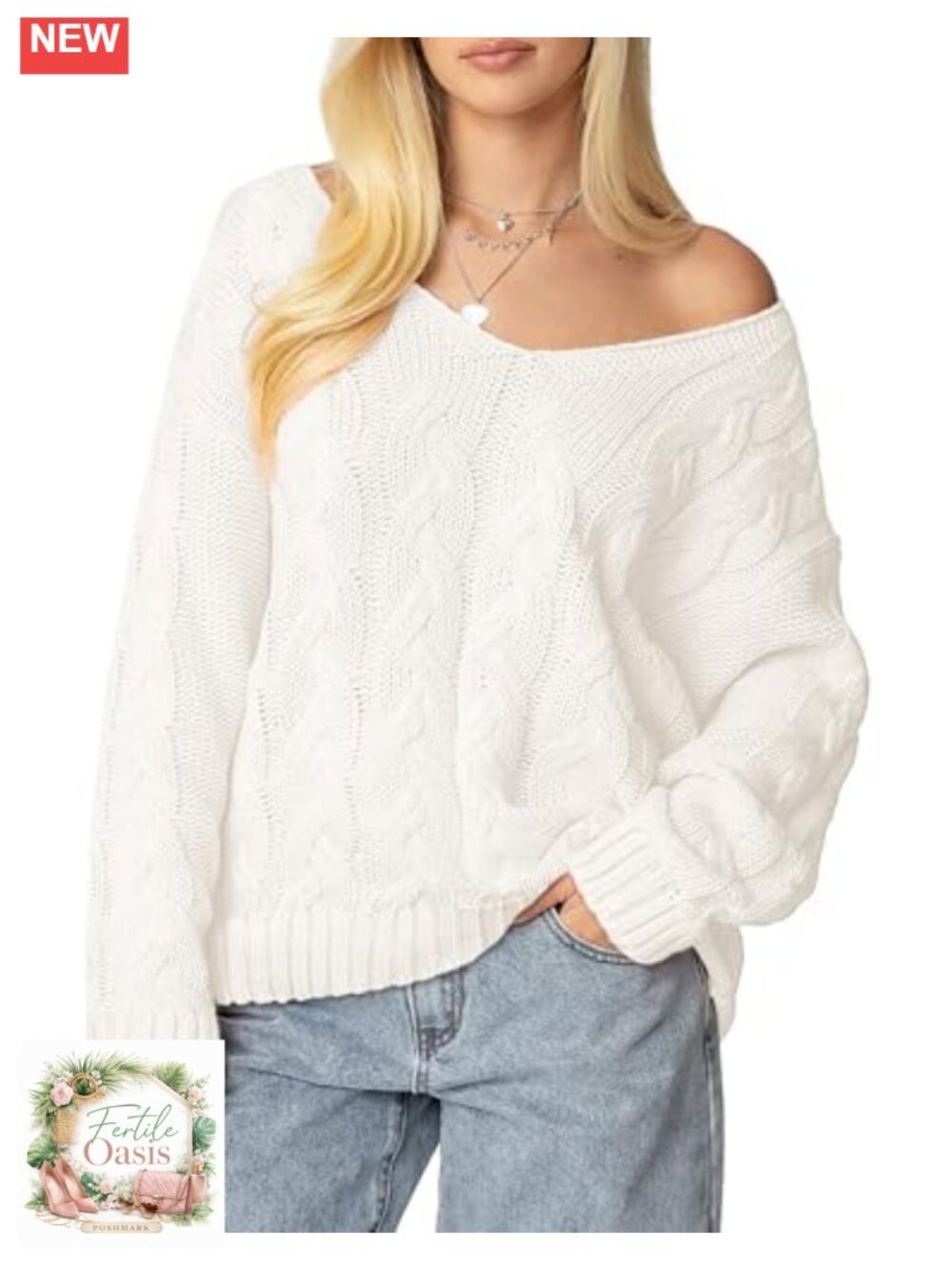 Women's Oversized Cable Knit V-Neck Long Sleeve Pullover Sweater